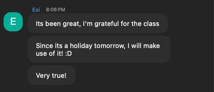 Esi sharing she's grateful for the class and will make use of it
