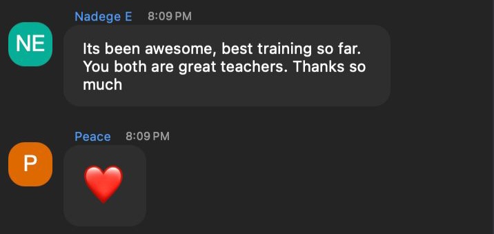Nadege calling it the best training so far, with Peace sending a heart